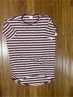 LuLaRoe Irma Cream and Burgundy Striped Ribbed Top